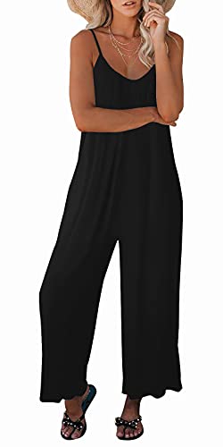 snugwind Womens Casual Sleeveless Strap Loose Adjustable Jumpsuits Stretchy Long Pants Romper with Pockets X-Large Black