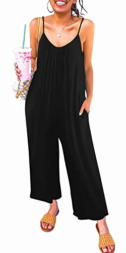 snugwind Womens Casual Sleeveless Strap Loose Adjustable Jumpsuits Stretchy Long Pants Romper with Pockets X-Large Black