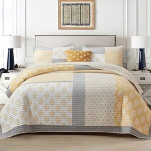 finlonte quilts queen size, 100% cotton lightweight queen quilt set, real-patchwork farmhouse floral quilted bedspread, yellow grey white reversible soft queen quilt bedding set all season, 3 pieces