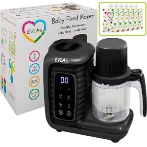 evla's double baby food maker, food processor with 2 steaming baskets, blender, grinder, steamer, cooks & blends healthy homemade baby food in minutes, touch screen control, with 6 reusable food pouches, dark gray