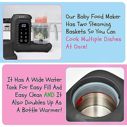 EVLA'S Double Baby Food Maker, Food Processor with 2 Steaming Baskets, Blender, Grinder, Steamer, Cooks & Blends Healthy Homemade Baby Food in Minutes, Touch Screen Control, with 6 reusable food pouches, Dark Gray