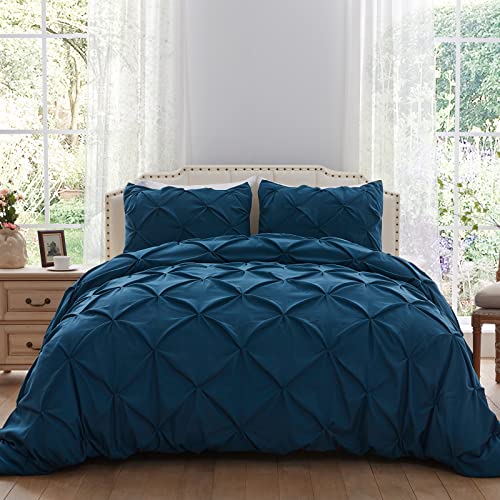 SunStyle Home Pinch Pleated Duvet Cover Navy Blue 3 Pieces Duvet Covers Queen Size Soft Microfiber Luxury Duvet Cover with Zipper Closure & Corner Ties for All Season(1 Duvet Cover, 2 Pillow Shams)