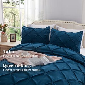 SunStyle Home Pinch Pleated Duvet Cover Navy Blue 3 Pieces Duvet Covers Queen Size Soft Microfiber Luxury Duvet Cover with Zipper Closure & Corner Ties for All Season(1 Duvet Cover, 2 Pillow Shams)