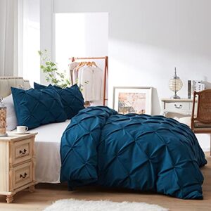 SunStyle Home Pinch Pleated Duvet Cover Navy Blue 3 Pieces Duvet Covers Queen Size Soft Microfiber Luxury Duvet Cover with Zipper Closure & Corner Ties for All Season(1 Duvet Cover, 2 Pillow Shams)