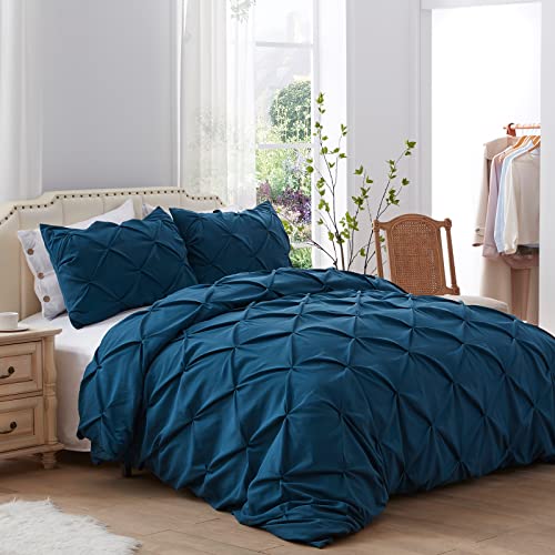 SunStyle Home Pinch Pleated Duvet Cover Navy Blue 3 Pieces Duvet Covers Queen Size Soft Microfiber Luxury Duvet Cover with Zipper Closure & Corner Ties for All Season(1 Duvet Cover, 2 Pillow Shams)