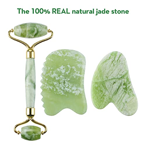 Kimkoo Jade Roller and Gua Sha Set,100% Real Natural Jade Stone,Facial Sculpting and Lymphatic Drainage,