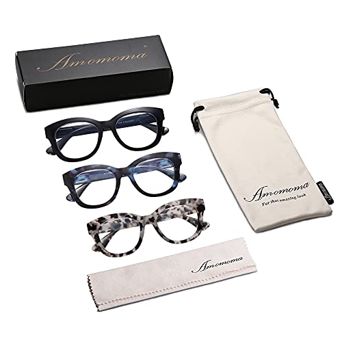 AMOMOMA 3 Pack Retro Oversized Reading Glasses for Women Blue Light Blocking Computer Readers Spring hinge AM6003 with Brown+Blue+Grey Tortoise Frame 2.00 x