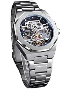forsining automatic watch mechanical wrist watch for men octagonal waterproof skeleton watches luxury diamond tourbillon silver stainless steel band