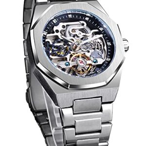 FORSINING Automatic Watch Mechanical Wrist Watch for Men Octagonal Waterproof Skeleton Watches Luxury Diamond Tourbillon Silver Stainless Steel Band