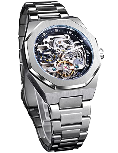 FORSINING Automatic Watch Mechanical Wrist Watch for Men Octagonal Waterproof Skeleton Watches Luxury Diamond Tourbillon Silver Stainless Steel Band