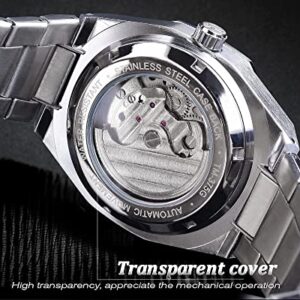 FORSINING Automatic Watch Mechanical Wrist Watch for Men Octagonal Waterproof Skeleton Watches Luxury Diamond Tourbillon Silver Stainless Steel Band