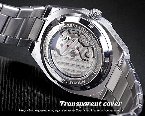 FORSINING Automatic Watch Mechanical Wrist Watch for Men Octagonal Waterproof Skeleton Watches Luxury Diamond Tourbillon Silver Stainless Steel Band