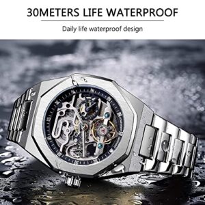 FORSINING Automatic Watch Mechanical Wrist Watch for Men Octagonal Waterproof Skeleton Watches Luxury Diamond Tourbillon Silver Stainless Steel Band