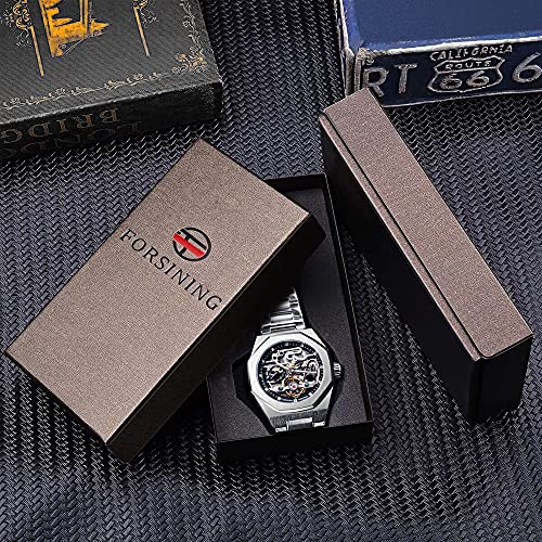 FORSINING Automatic Watch Mechanical Wrist Watch for Men Octagonal Waterproof Skeleton Watches Luxury Diamond Tourbillon Silver Stainless Steel Band