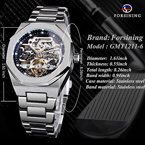 FORSINING Automatic Watch Mechanical Wrist Watch for Men Octagonal Waterproof Skeleton Watches Luxury Diamond Tourbillon Silver Stainless Steel Band