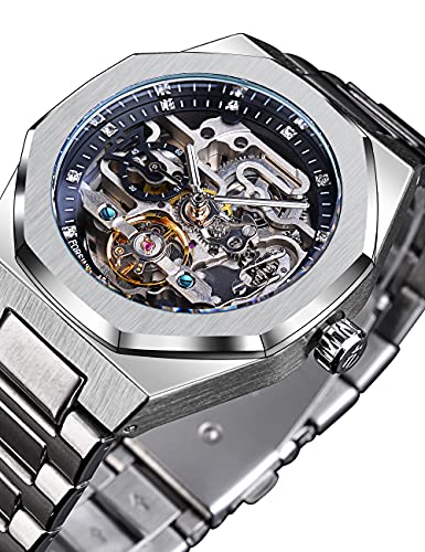 FORSINING Automatic Watch Mechanical Wrist Watch for Men Octagonal Waterproof Skeleton Watches Luxury Diamond Tourbillon Silver Stainless Steel Band