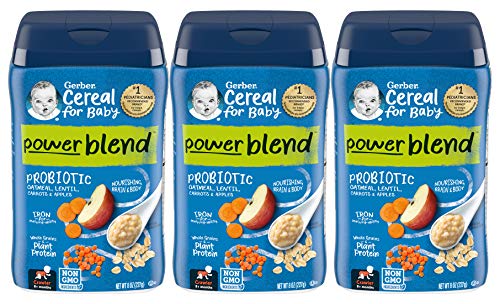 Gerber Cereal for Baby Power Blend Baby Cereal, Probiotic with Oatmeal, Lentil, Carrots & Apples, Made with Whole Grains & Plant Protein, 8 OZ Canister (Pack of 3)