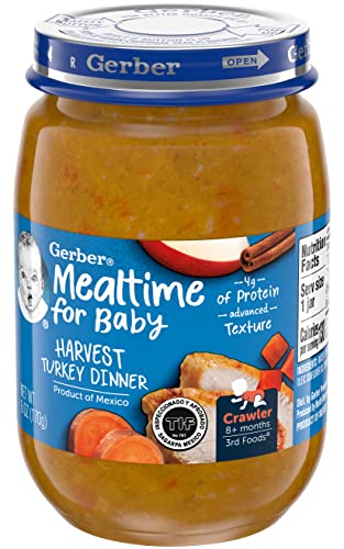 Gerber Mealtime for Baby 3rd Foods Baby Food Jar, Harvest Turkey Dinner, Advanced Texture with No Artificial Flavors or Colors, 6 OZ Glass Jar (Pack of 12)