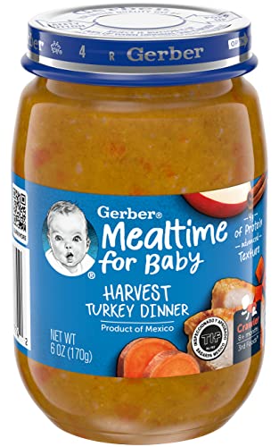 Gerber Mealtime for Baby 3rd Foods Baby Food Jar, Harvest Turkey Dinner, Advanced Texture with No Artificial Flavors or Colors, 6 OZ Glass Jar (Pack of 12)