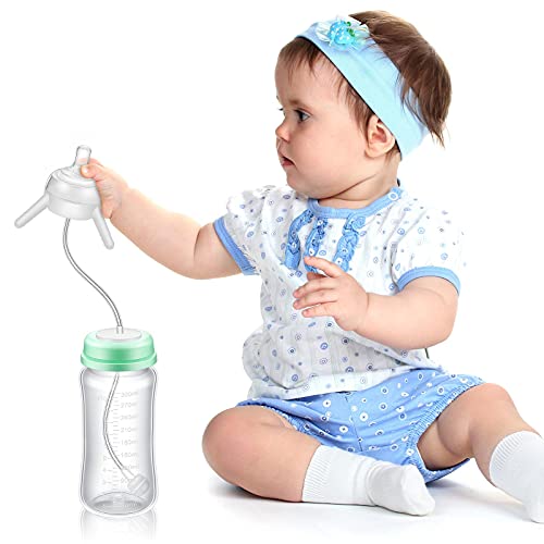 Nuanchu 10 Ounce Self Feeding Baby Bottle with Long Tube Straw Cute Leak-Proof Baby Feeder Bottle Imitation Milk Weaning Baby Supply (Mint Green)