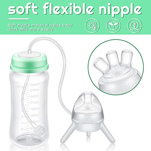 Nuanchu 10 Ounce Self Feeding Baby Bottle with Long Tube Straw Cute Leak-Proof Baby Feeder Bottle Imitation Milk Weaning Baby Supply (Mint Green)