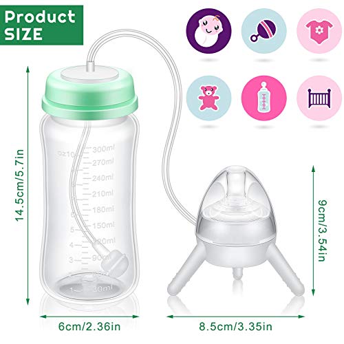 Nuanchu 10 Ounce Self Feeding Baby Bottle with Long Tube Straw Cute Leak-Proof Baby Feeder Bottle Imitation Milk Weaning Baby Supply (Mint Green)