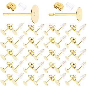 earring posts stainless steel, flasoo 1200pcs hypoallergenic earring posts and backs, gold flat pad earring studs with clutch for earring making and diy stud earring supplies