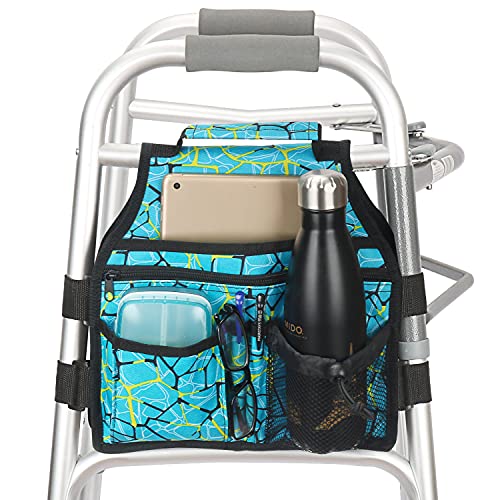 Side Walker Bag with Cup Holder, Folding Walkers Side Accessaries Organizer Pouch Tote for Seniors, Elderly (Plaid Blue)