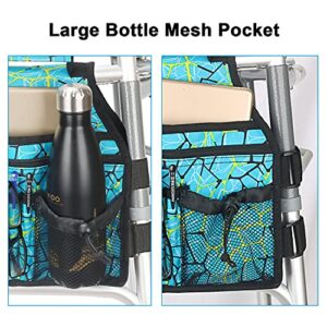 Side Walker Bag with Cup Holder, Folding Walkers Side Accessaries Organizer Pouch Tote for Seniors, Elderly (Plaid Blue)