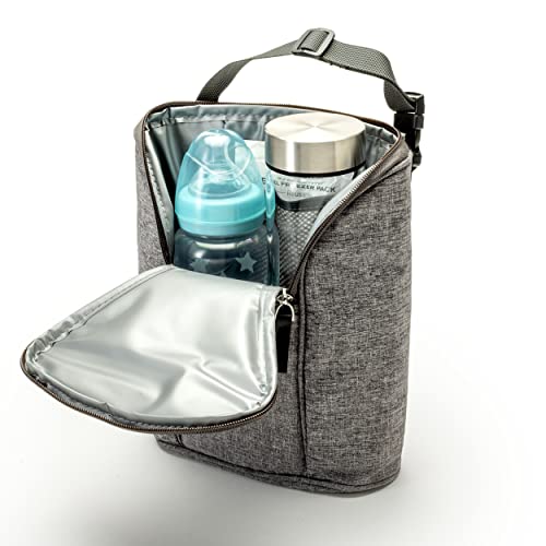 Ethan & Emma Baby Bottle Bag | Grey, Insulated, Baby Bottle Holder W/Extra Storage | Easy To Carry, Clean, Open & Attach | Perfect Travel Accessory To Keep Cold Or Warm, Baby Food, Bottles