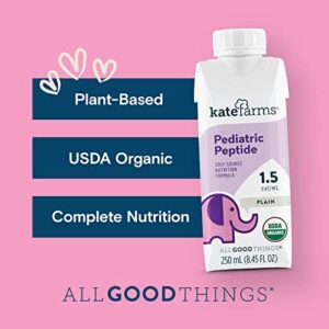 KATE FARMS Organic Vegan Plant Based Pediatric Peptide 1.5 Formula, Unflavored Plain, Sole-Source Nutrition, Organic Enzymatically Hydrolyzed Plant-Based Protein Drink, Meal Replacement for Oral or Tube Feeding, 8.45oz. (Pack of 12)