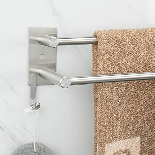 NearMoon Double Towel Bar with Hooks, Bath Accessories Stainless Steel Shower Towel Rack, Towel Rod Holder for Bathroom/Kitchen, Self Adhesive&Wall Mounted Installation (Brushed Nickel, 16 Inch)