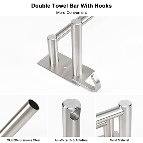 NearMoon Double Towel Bar with Hooks, Bath Accessories Stainless Steel Shower Towel Rack, Towel Rod Holder for Bathroom/Kitchen, Self Adhesive&Wall Mounted Installation (Brushed Nickel, 16 Inch)