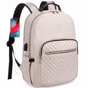 lovevook laptop backpack purse for women, work business travel computer bags, college nurse backpack for womens, quilted casual daypack with usb port, fit 15.6 inch laptop, antiquewhite