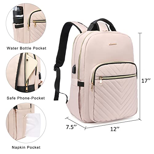 LOVEVOOK Laptop Backpack Purse for Women, Work Business Travel Computer Bags, College Nurse Backpack for Womens, Quilted Casual Daypack with USB Port, Fit 15.6 Inch Laptop, Antiquewhite