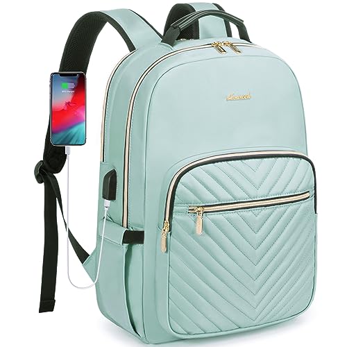 LOVEVOOK Laptop Backpack Purse for Women, Work Business Travel Computer Bags, College Nurse Backpack for Womens, Quilted Casual Daypack with USB Port, Fit 15.6 Inch Laptop, Mint Green