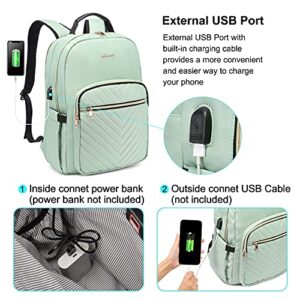 LOVEVOOK Laptop Backpack Purse for Women, Work Business Travel Computer Bags, College Nurse Backpack for Womens, Quilted Casual Daypack with USB Port, Fit 15.6 Inch Laptop, Mint Green