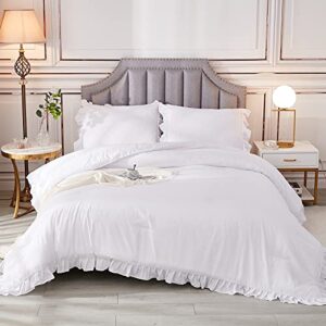 andency white ruffle comforter full(79x90inch), 3 pieces farmhouse shabby chic comforter, vintage rustic soft microfiber down alternative bedding comforter set