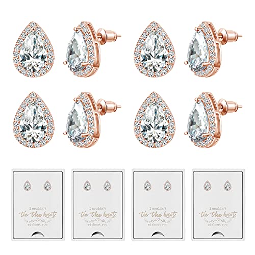 DHQH 4/6 Pairs Bridesmaids Earrings Classic Cubic Zirconia Teardrop Stud Earrings for Women Girls I Couldn’t Tie a Knot Without You Brides Bridesmaids Proposal Wedding Jewelry Gifts, C-rose gold(set of 4)