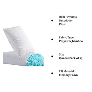 Shredded Memory Foam, Sleeping,Bed Pillows Queen Size Set of 2 Pack Cooling Adjustable,Good for Side and Back Sleeper with Washable Removable Bamboo Cover