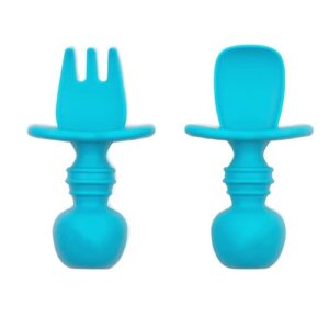 baby drom silicone baby utensils feeding set - first stage baby fork and spoon for self feeding - baby led weaning utensils - 100% food grade silicone, bpa free - ages 6 months+ (turquoise)
