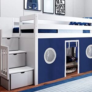 JACKPOT! Contemporary Low Loft Bed with Stairway, Twin, White with Blue & White Tent