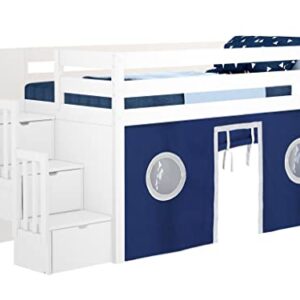 JACKPOT! Contemporary Low Loft Bed with Stairway, Twin, White with Blue & White Tent