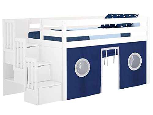 JACKPOT! Contemporary Low Loft Bed with Stairway, Twin, White with Blue & White Tent