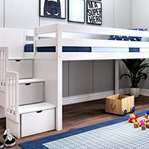 JACKPOT! Contemporary Low Loft Bed with Stairway, Twin, White with Blue & White Tent