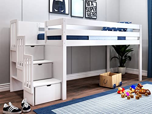 JACKPOT! Contemporary Low Loft Bed with Stairway, Twin, White with Blue & White Tent