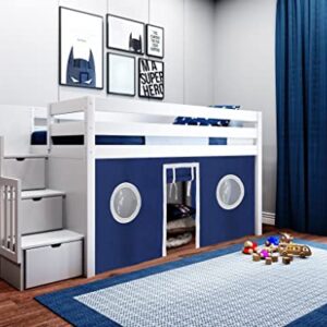 JACKPOT! Contemporary Low Loft Bed with Stairway, Twin, White with Blue & White Tent