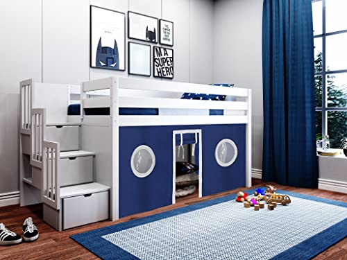 JACKPOT! Contemporary Low Loft Bed with Stairway, Twin, White with Blue & White Tent