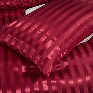 RevenRella 3 Piece Satin Duvet Cover Set Bedding Sets Italian Style 1800 Series Luxury Rich Silk Silky Super Soft Stripes Hidden Zipper Closure Reversible Wrinkle Free Honeymoon(Burgundy, King)