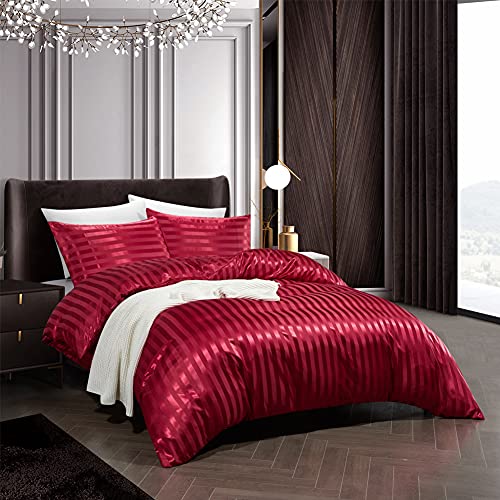 RevenRella 3 Piece Satin Duvet Cover Set Bedding Sets Italian Style 1800 Series Luxury Rich Silk Silky Super Soft Stripes Hidden Zipper Closure Reversible Wrinkle Free Honeymoon(Burgundy, King)